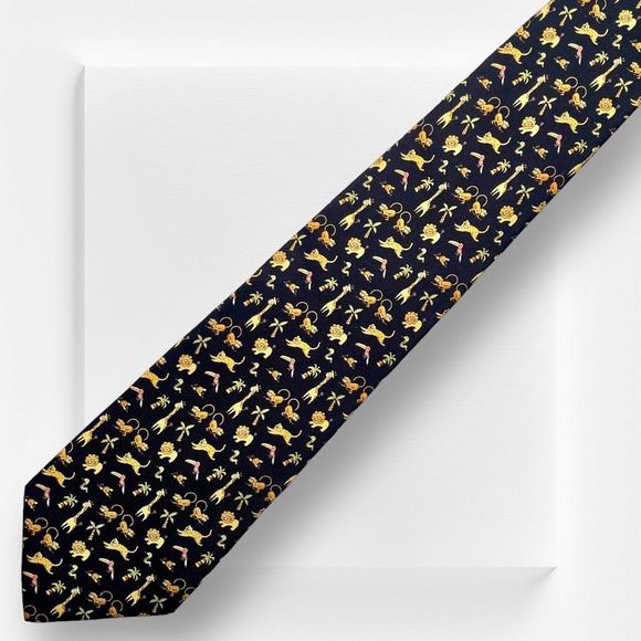 SALVATORE FERRAGAMO -EUC- Men’s Black African Animal Motif 100% Silk Novelty Tie - Picture 6 of 9